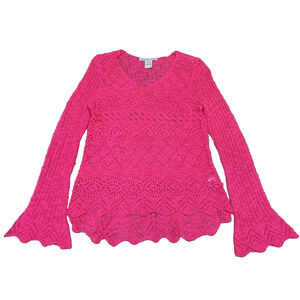 American Rag Cie Pink Crochet Bell Sleeve Sweater Small Boho